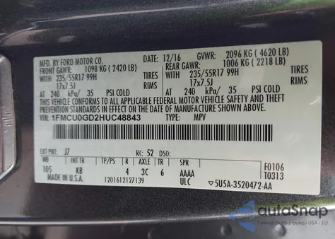 2017 Ford Escape Se z USA, uszkodzony, nr VIN 1FMCU0GD2HUC48843